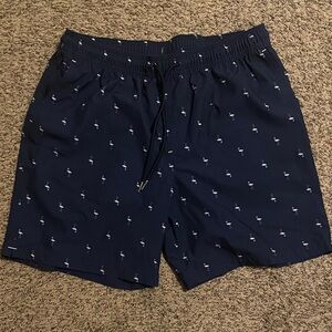 Stylish Navy Swim Trunks with Flamingo Pattern